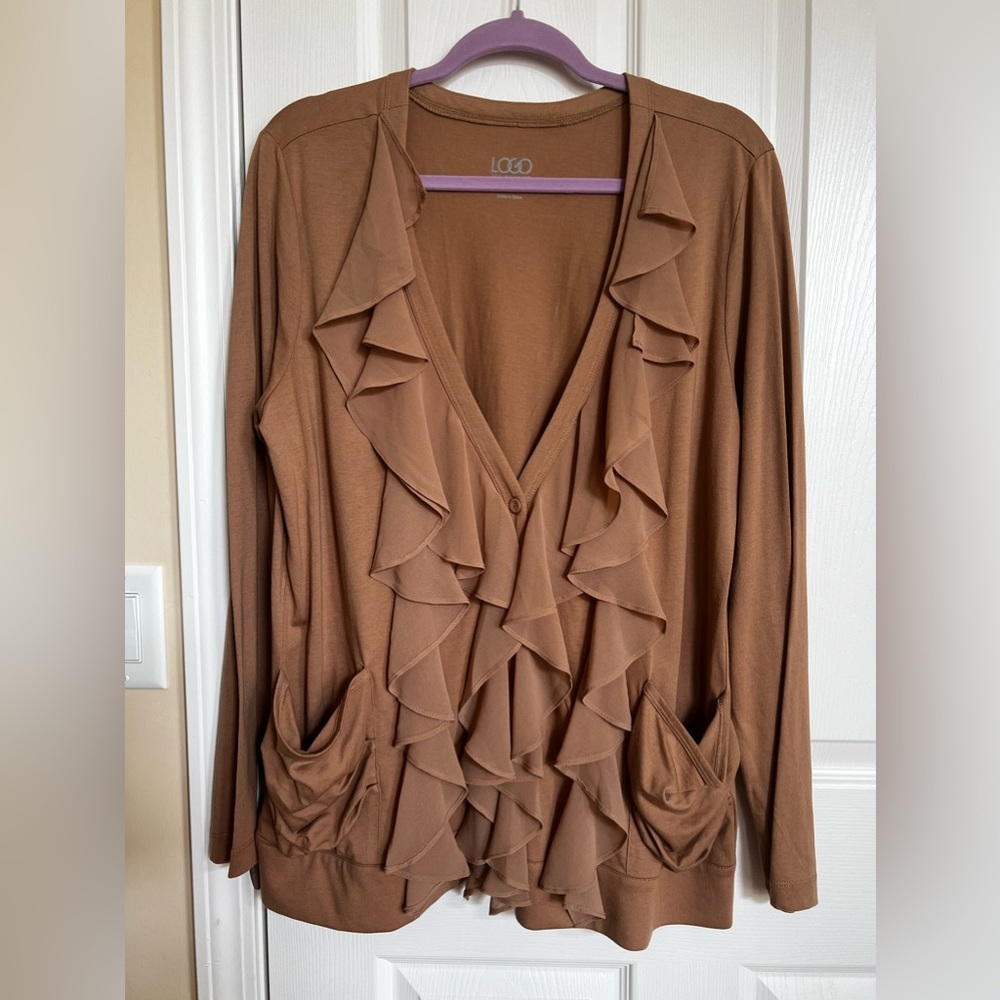 Logo by Laurie Goldstein. Cascading front ruffles, button down Boho cardigan.